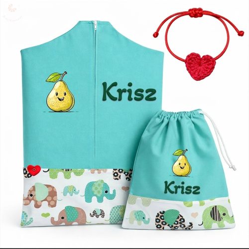 Elefántos zöld ovis zsák szett egyedi névvel és jellel + ajándék szeretetküldővel