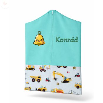   Mentazöld, sárga munkagépes ovis zsák kisfiúnak egyedi névvel és jellel