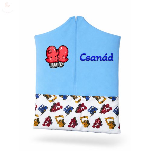 Kék, targoncás-darus ovis zsák kisfiúnak egyedi névvel és jellel