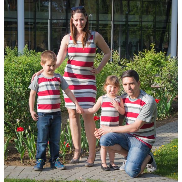 Bordó csíkos családi szett (Női ruha, gyerek ruha, gyerek póló, férfi póló)