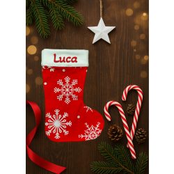   Egyedi, NÉVRE SZÓLÓ textil mikuláscsizma (bármilyen névvel vagy felirattal), piros alapon nagy hópelyhes