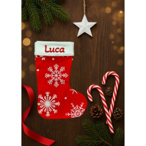 Egyedi, NÉVRE SZÓLÓ textil mikuláscsizma (bármilyen névvel vagy felirattal), piros alapon nagy hópelyhes