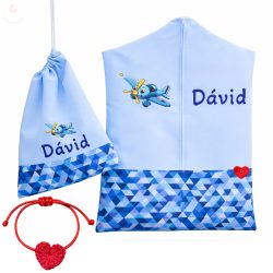   Kék háromszöges ovis zsák & tornazsák szett egyedi névvel és jellel + ajándék szeretetküldővel