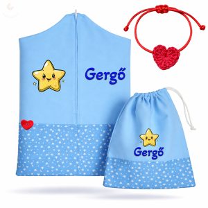 Kék, csillagos ovis zsák & tornazsák szett egyedi névvel és jellel + ajándék szeretetküldővel