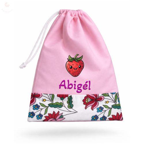 Rózsaszín, kalocsai hímzésmintás, kislány tornazsák egyedi névvel és jellel 