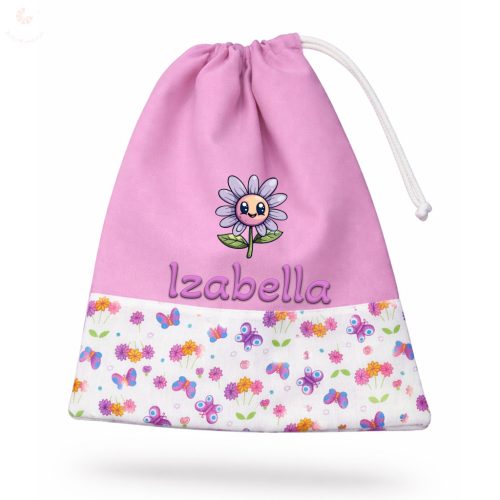 Tornazsák EGYEDI NÉVVEL ÉS JELLEL (rózsaszín + rózsaszín lepkés-virágos)