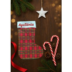   Egyedi, NÉVRE SZÓLÓ textil mikuláscsizma (bármilyen névvel vagy felirattal), skót kockás