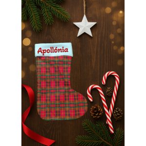 Egyedi, NÉVRE SZÓLÓ textil mikuláscsizma (bármilyen névvel vagy felirattal), skót kockás
