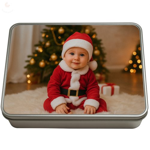 Karácsonyi fém ajándékdoboz SAJÁT FOTÓVAL és egyedi NÉVVEL-felirattal