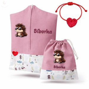 Sünis-macis, rózsaszín ovis zsák & tornazsák szett egyedi névvel és jellel + ajándék szeretetküldővel