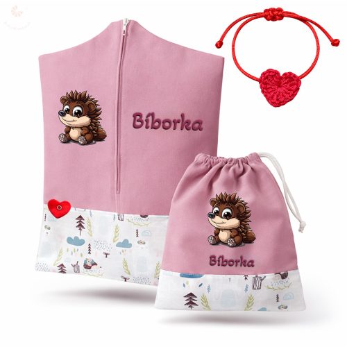 Sünis-macis, rózsaszín ovis zsák & tornazsák szett egyedi névvel és jellel + ajándék szeretetküldővel