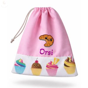 Rózsaszín, muffinos kislány tornazsák egyedi névvel és jellel