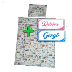   Saját névvel is kérhető, szürke alapon vonatos-repülős gyerekágynemű szett (takaró + párna)