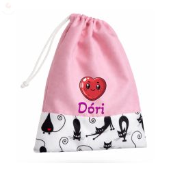   Rózsaszín alapon fekete cicás, kislány tornazsák egyedi névvel és jellel