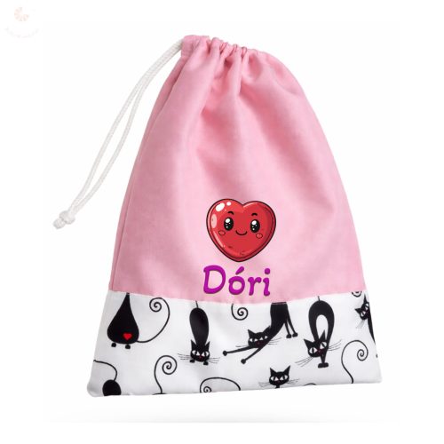 Rózsaszín alapon fekete cicás, kislány tornazsák egyedi névvel és jellel