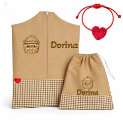 Ovis zsák és tornazsák egyedi névvel és jellel (drapp + kockás), ajándék szeretetküldővel