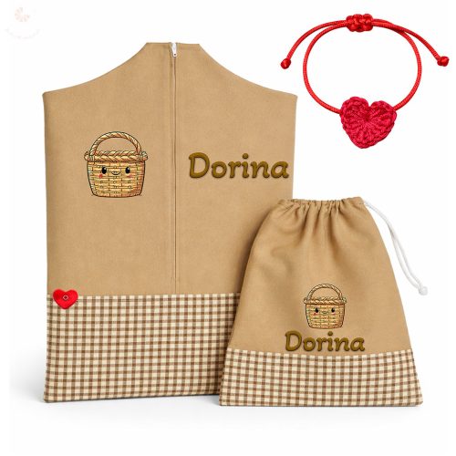 Ovis zsák és tornazsák egyedi névvel és jellel (drapp + kockás), ajándék szeretetküldővel