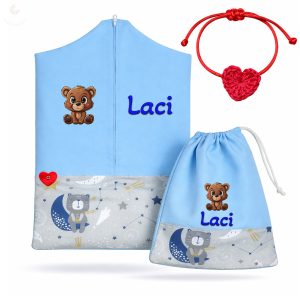 Macis-holdas, kék ovis zsák szett egyedi névvel és jellel + ajándék szeretetküldővel
