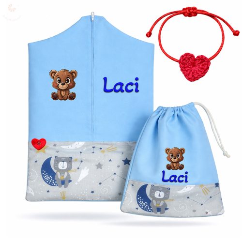 Macis-holdas, kék ovis zsák szett egyedi névvel és jellel + ajándék szeretetküldővel