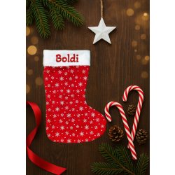   Egyedi, NÉVRE SZÓLÓ textil mikuláscsizma (bármilyen névvel vagy felirattal), piros alapon kis hópehely