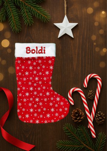 Egyedi, NÉVRE SZÓLÓ textil mikuláscsizma (bármilyen névvel vagy felirattal), piros alapon kis hópehely