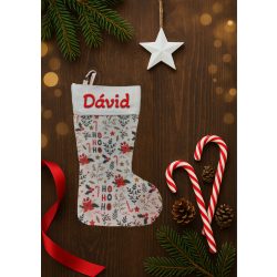   Egyedi, NÉVRE SZÓLÓ textil mikuláscsizma (bármilyen névvel vagy felirattal), drapp alapon HO-HO-HO feliratos