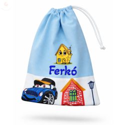   Kék, autós-házikós kisfiú tornazsák egyedi névvel és jellel