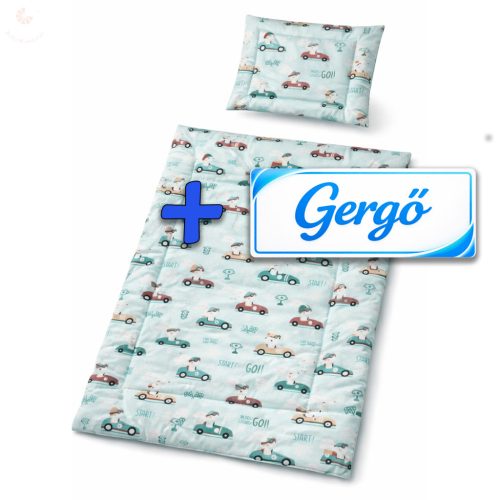 Saját névvel is kérhető, zöld autós-nyuszis babaágynemű szett (takaró + párna)