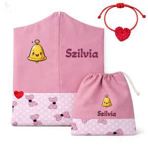 Rózsaszín-pöttyös masnis ovis zsák & tornazsák szett egyedi névvel és jellel + ajándék szeretetküldővel