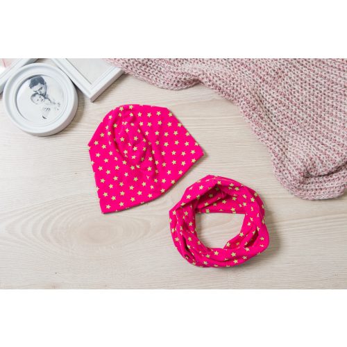 Pink csillagos átmeneti Sapka körsál szett Bölcsis méret - KÉSZLETRŐL