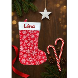   Egyedi, NÉVRE SZÓLÓ textil mikuláscsizma (bármilyen névvel vagy felirattal), piros alapon közepes hópehely