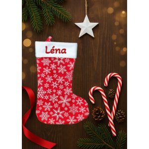 Egyedi, NÉVRE SZÓLÓ textil mikuláscsizma (bármilyen névvel vagy felirattal), piros alapon közepes hópehely