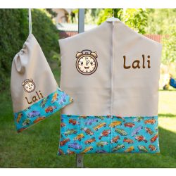   Ovis zsák és torna zsák bármilyen névvel és/vagy jellel   /drapp+retro autós/  AJÁNDÉK SZERETETKÜLDŐVEL