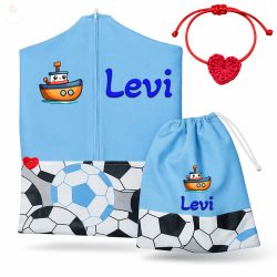   Kék, focis ovis zsák & tornazsák szett egyedi névvel és jellel + ajándék szeretetküldővel