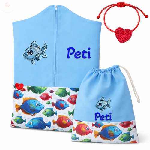 Kék, halacskás ovis zsák & tornazsák szett egyedi névvel és jellel + ajándék szeretetküldővel