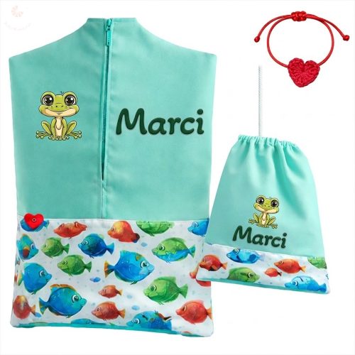 Zöld, halacskás ovis zsák szett egyedi névvel és jellel + ajándék szeretetküldővel