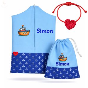 Horgonymintás, kék ovis zsák szett egyedi névvel és jellel + ajándék szeretetküldővel