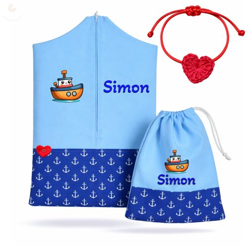 Horgonymintás, kék ovis zsák szett egyedi névvel és jellel + ajándék szeretetküldővel