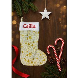   Egyedi, NÉVRE SZÓLÓ textil mikuláscsizma (bármilyen névvel vagy felirattal), drapp alapon arany fenyőfás