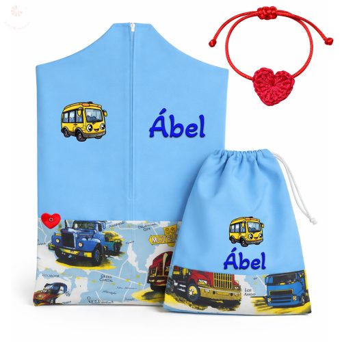 Kék, kamionos ovis zsák & tornazsák szett egyedi névvel és jellel + ajándék szeretetküldővel