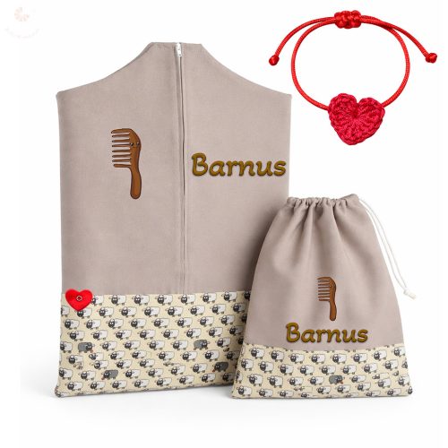 Bárányos, drapp ovis zsák szett egyedi névvel és jellel + ajándék szeretetküldővel