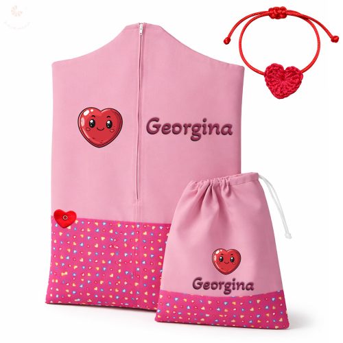 Pink szívecskés ovis zsák & tornazsák szett egyedi névvel és jellel + ajándék szeretetküldővel