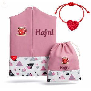 Rózsaszín háromszöges ovis zsák & tornazsák szett egyedi névvel és jellel + ajándék szeretetküldővel