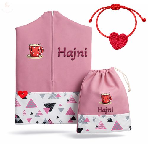 Rózsaszín háromszöges ovis zsák & tornazsák szett egyedi névvel és jellel + ajándék szeretetküldővel