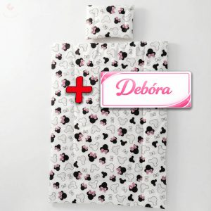 Saját névvel is kérhető, rózsaszín masnis-egeres babaágynemű szett (takaró + párna)