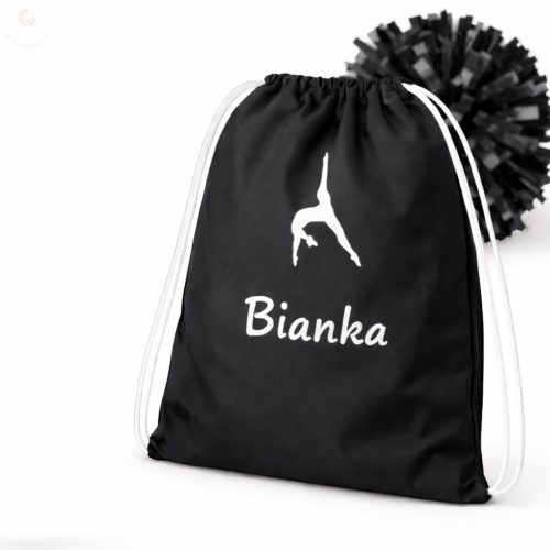 Pompom táska (pompom hátizsák, táncos táska) egyedi névvel, logóval (fekete)