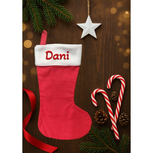 Egyedi, NÉVRE SZÓLÓ textil mikuláscsizma (bármilyen névvel vagy felirattal), egyszínű piros