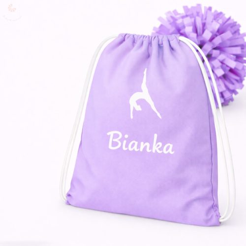 Pompom táska (pompom hátizsák, táncos táska) egyedi névvel, logóval (világoslila)