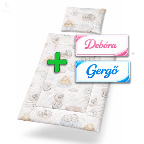 Saját névvel is kérhető, felhőn alvó állatos babaágynemű szett (takaró + párna)