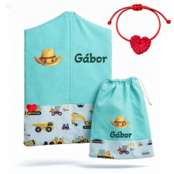   Sárga munkagépes ovis zsák szett egyedi névvel és jellel + ajándék szeretetküldővel (mentazöld)